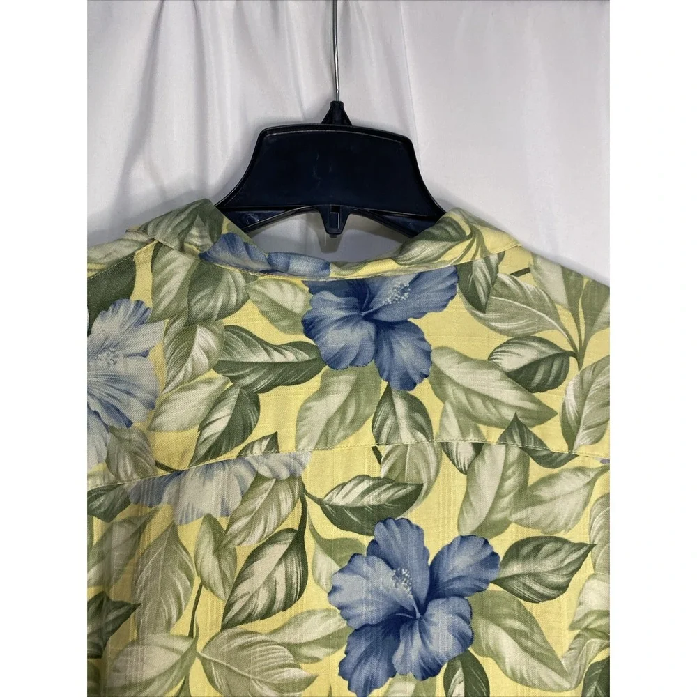 Tommy Bahama Camp Shirt Mens L Yellow Blue Hibiscus Silk Floral Short Sleeve Exc